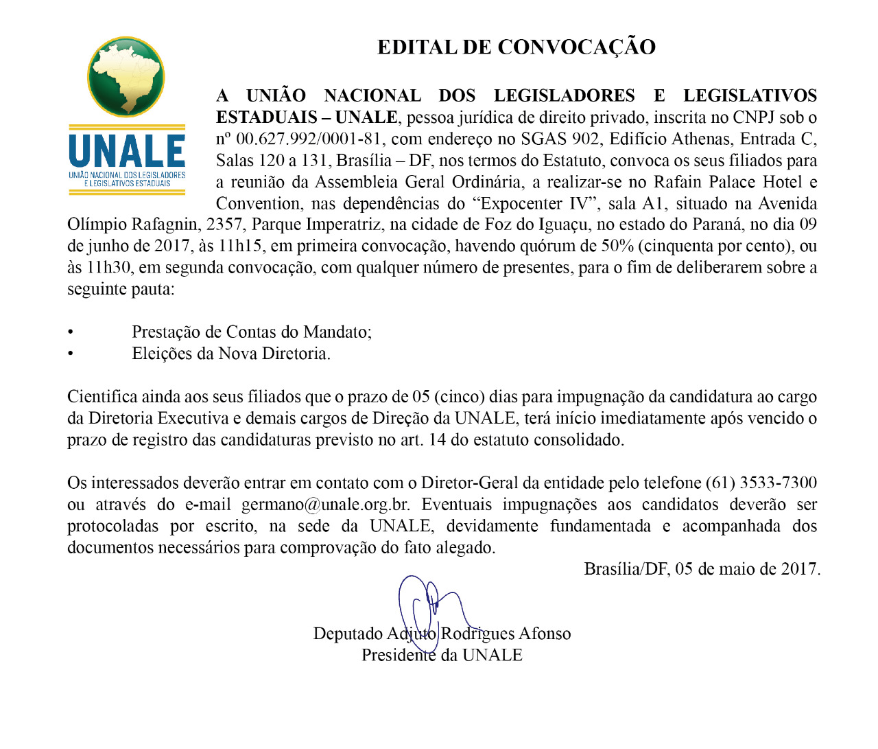 Edital de Convocação para eleição da Unale