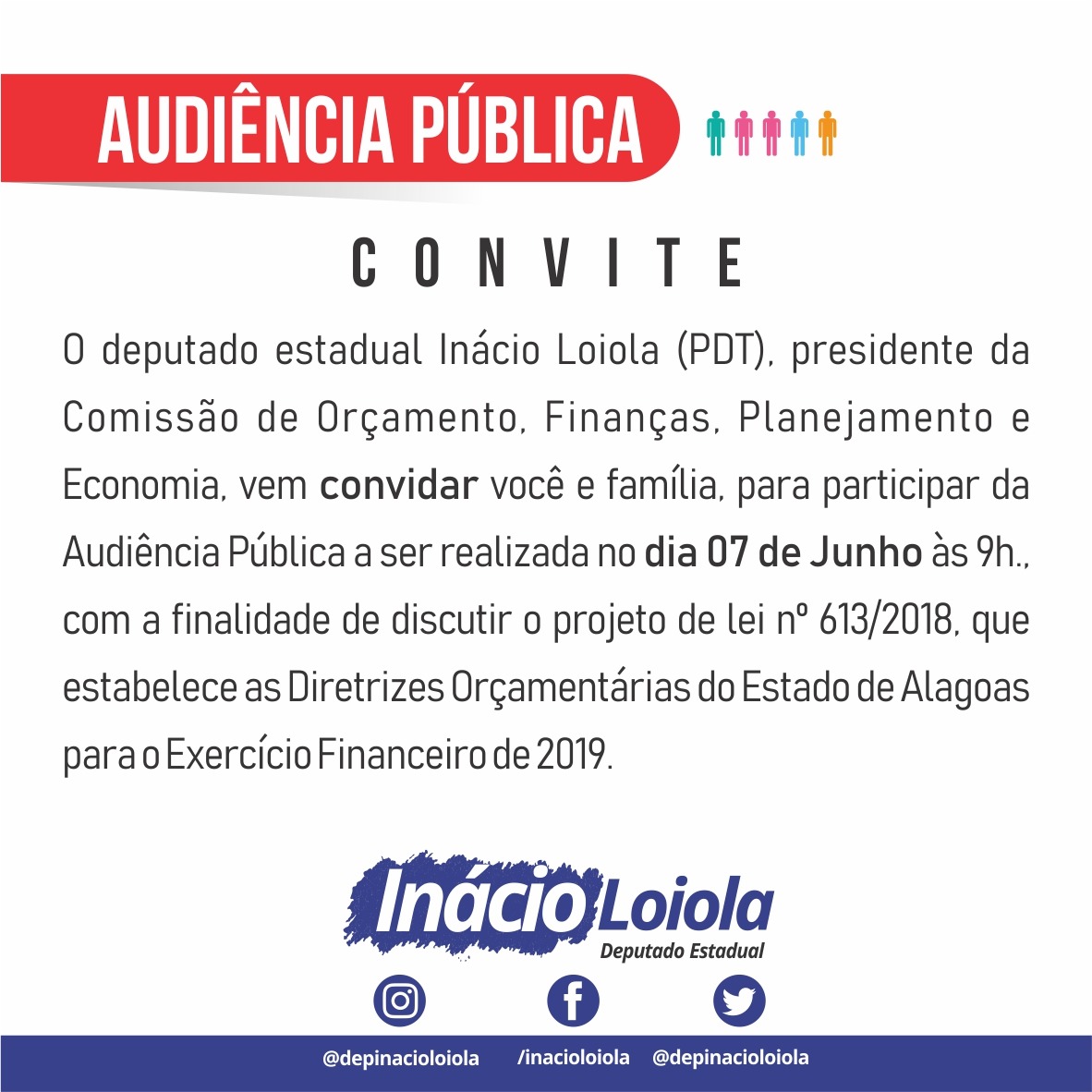 Inácio Loiola convida a sociedade para audiência pública sobre a LDO 2019