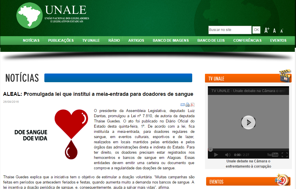  Matéria do portal da Assembleia é destaque em site da Unale