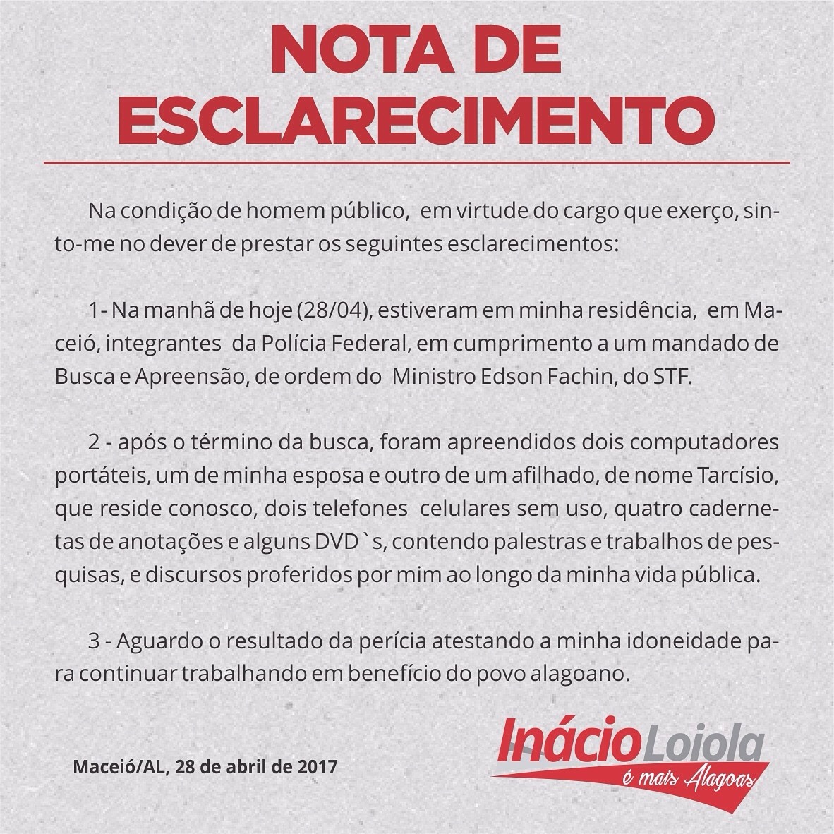 Nota de Esclarecimento emitida pelo deputado Inácio Loiola