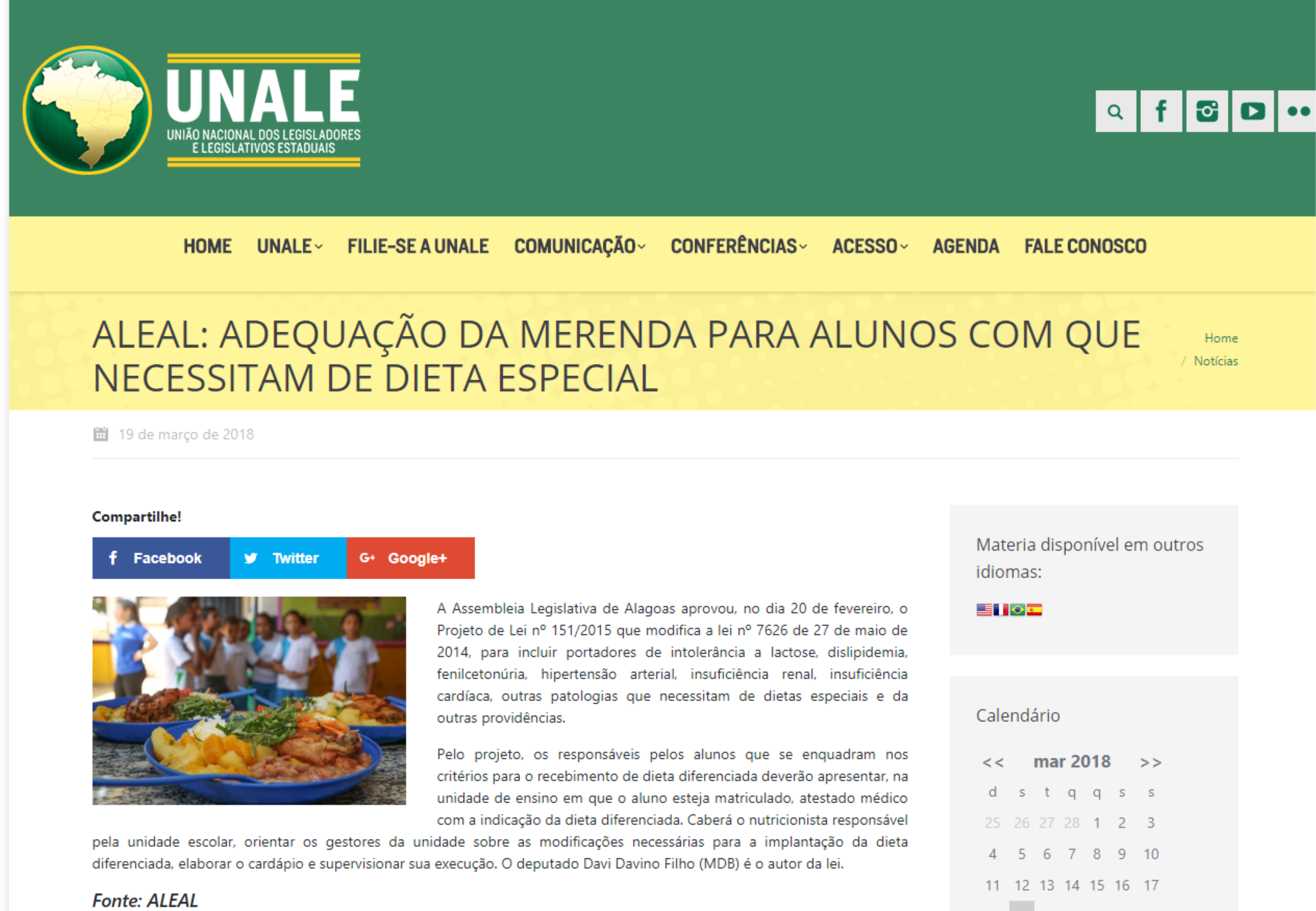 Site da Unale destaca aprovação de projeto sobre adequação da merenda para alunos