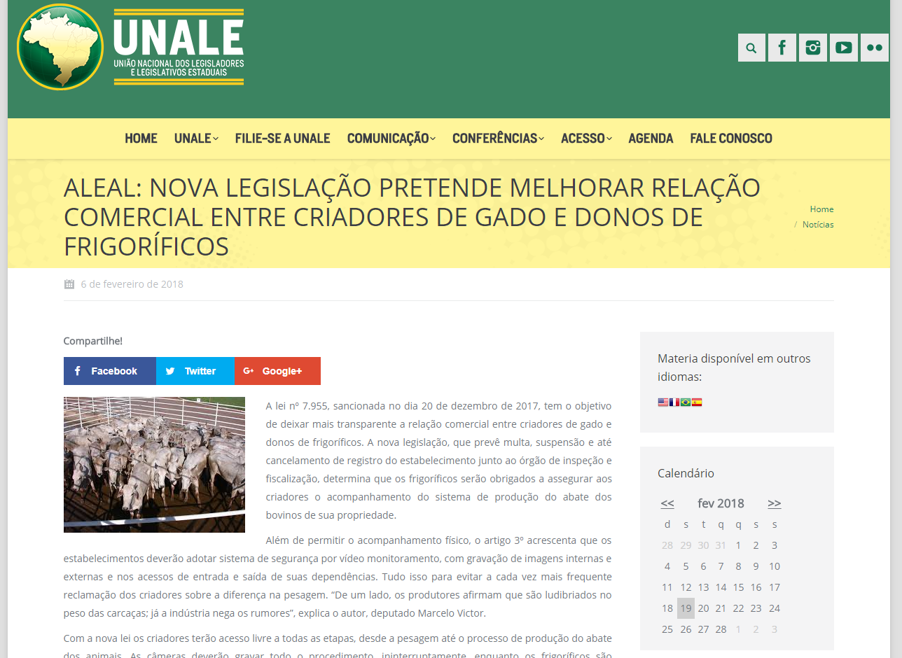 Site da Unale destaca sanção de lei que pretende melhorar relação comercial entre criadores de gado e donos de frigoríficos